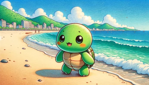 DALL·E 2024 06 11 23.04.16 A cute green turtle character named 부기 who is 20 years old is walking along the seashore of Busan. The scene is set in a sketchy cartoon style with 1 1