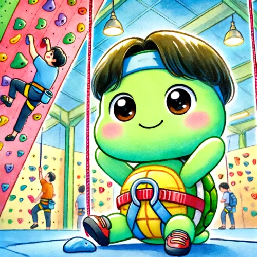 DALL·E 2024 06 14 21.19.45 A very cute and slightly silly looking green turtle character named 부기 who is 20 years old climbing in an indoor climbing gym. The scene is set in a